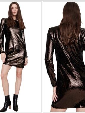Banana Republic Bronze Sequin Long-Sleeve Sequin Mini Dress Sz Med